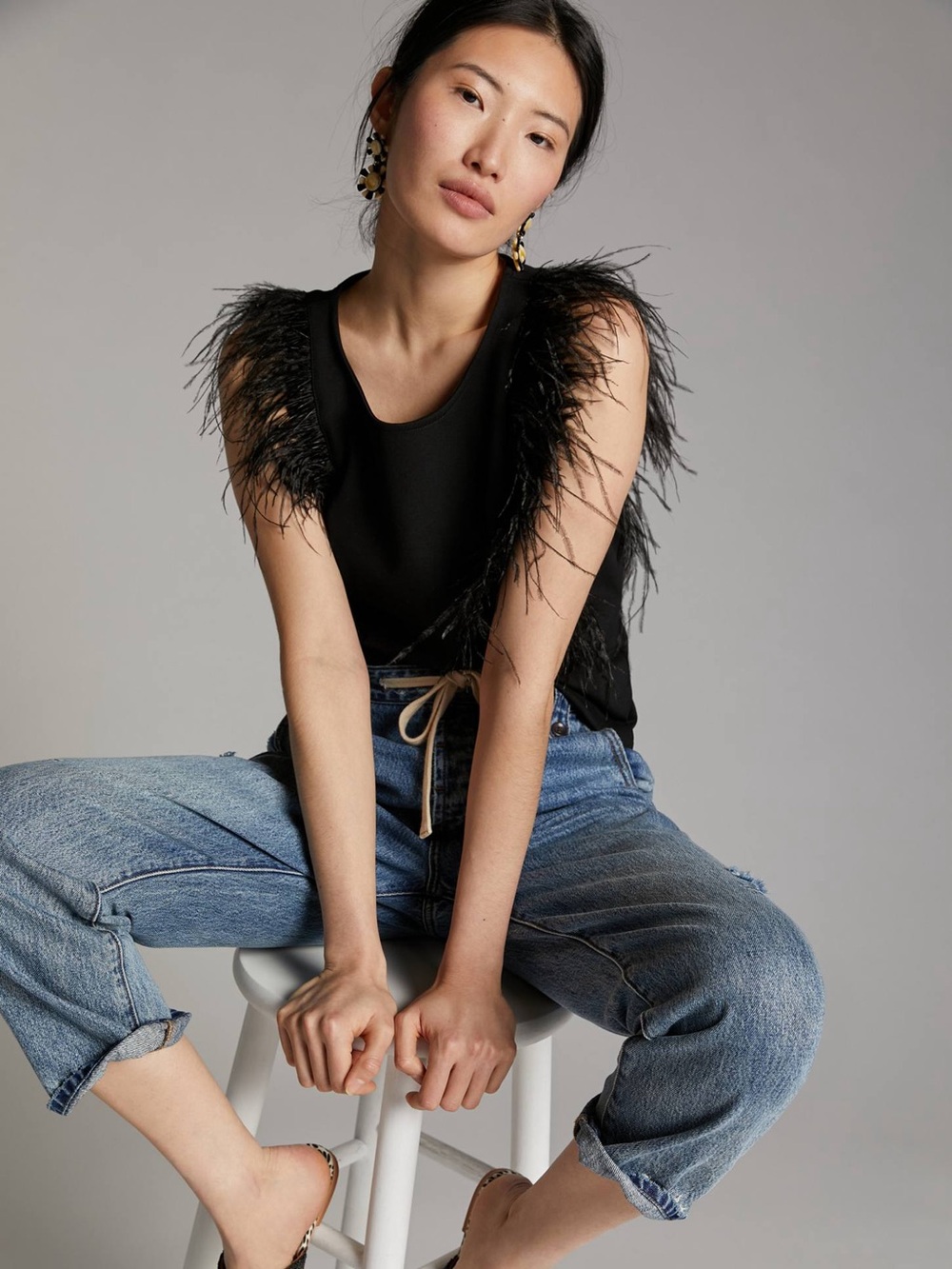 Eva Franco Black Feather-Trim Sleeveless Tank